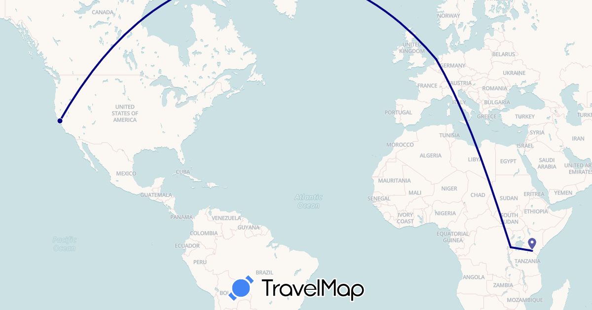 TravelMap itinerary: driving in Netherlands, Rwanda, Tanzania, United States (Africa, Europe, North America)
